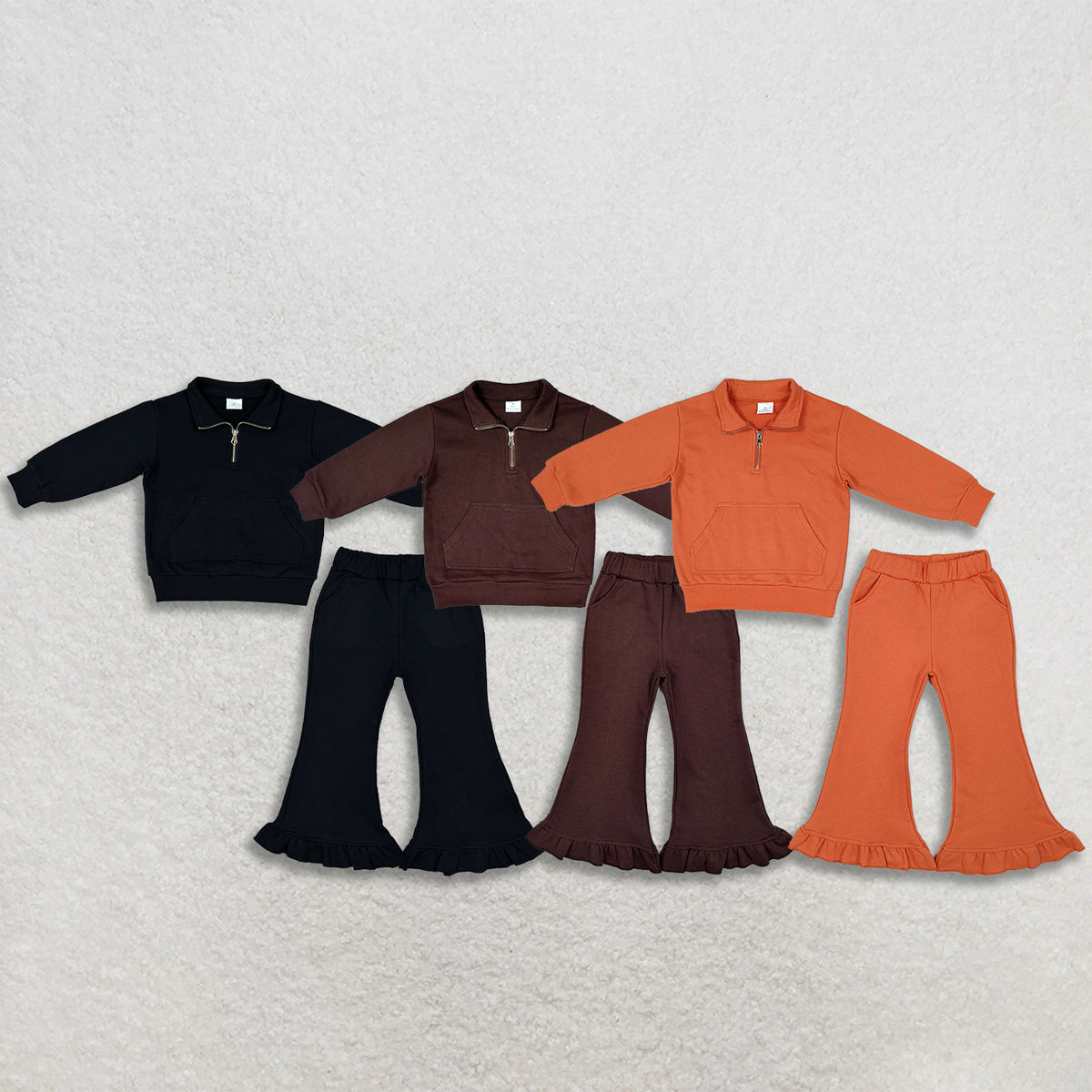 RTS NO MOQ Sibling fleece Baby Girls Fall Solid Pullover Quarter Zip Sweatshirt Ruffle Bell Bottom Outfit