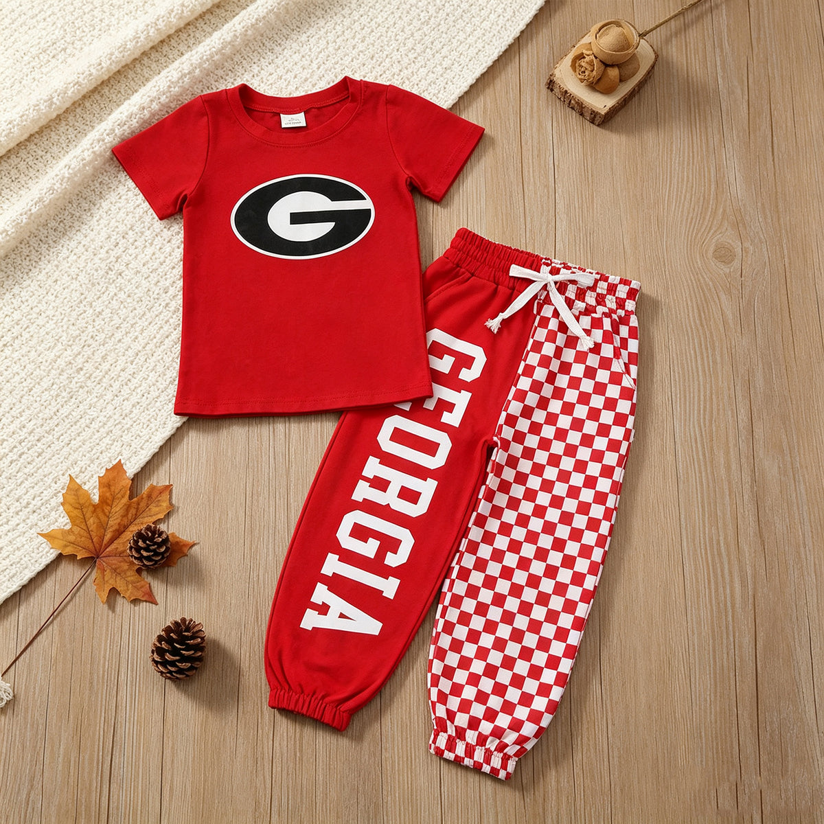 NEW RTS No moq Vinyl BSPO0700（BT1886+P1063）Baby Boys Red Vinyl Georgia Shirt Top Pockets Joggers Team Clothes Sets
