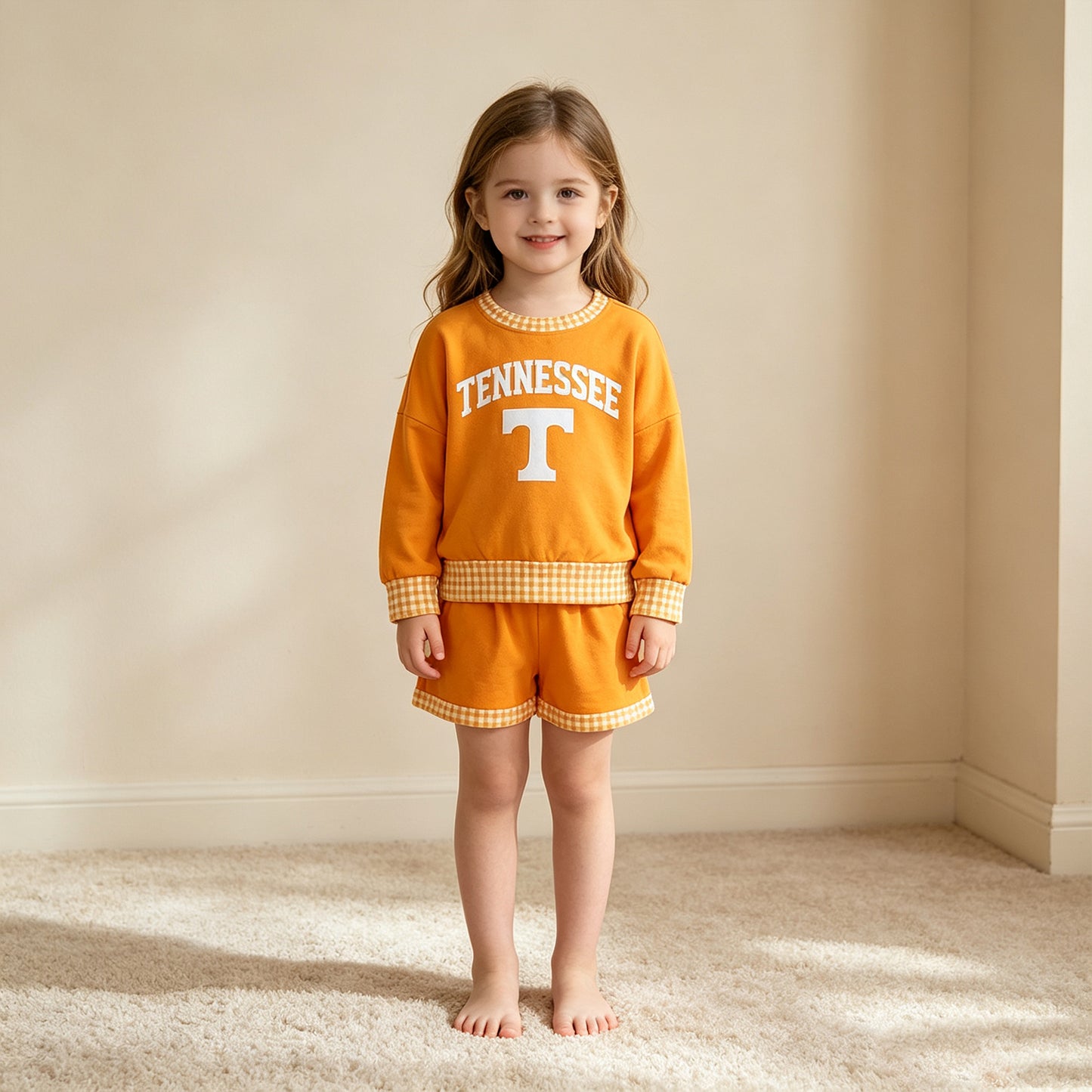 NEW RTS NO MOQ Vinyl GLS0163 Baby Girls Vinyl Tennessee Long Sleeve Top Pockets Short Team Clothes Set