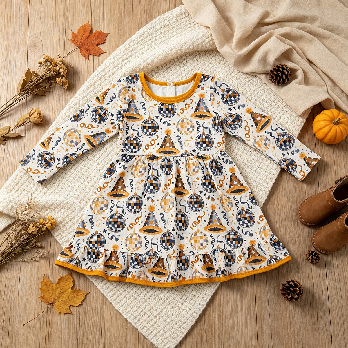 NEW RTS NO MOQ milk silk GLD1723 Baby Girls Stars Lights Happy New Year Ruffle Knee Length Dress