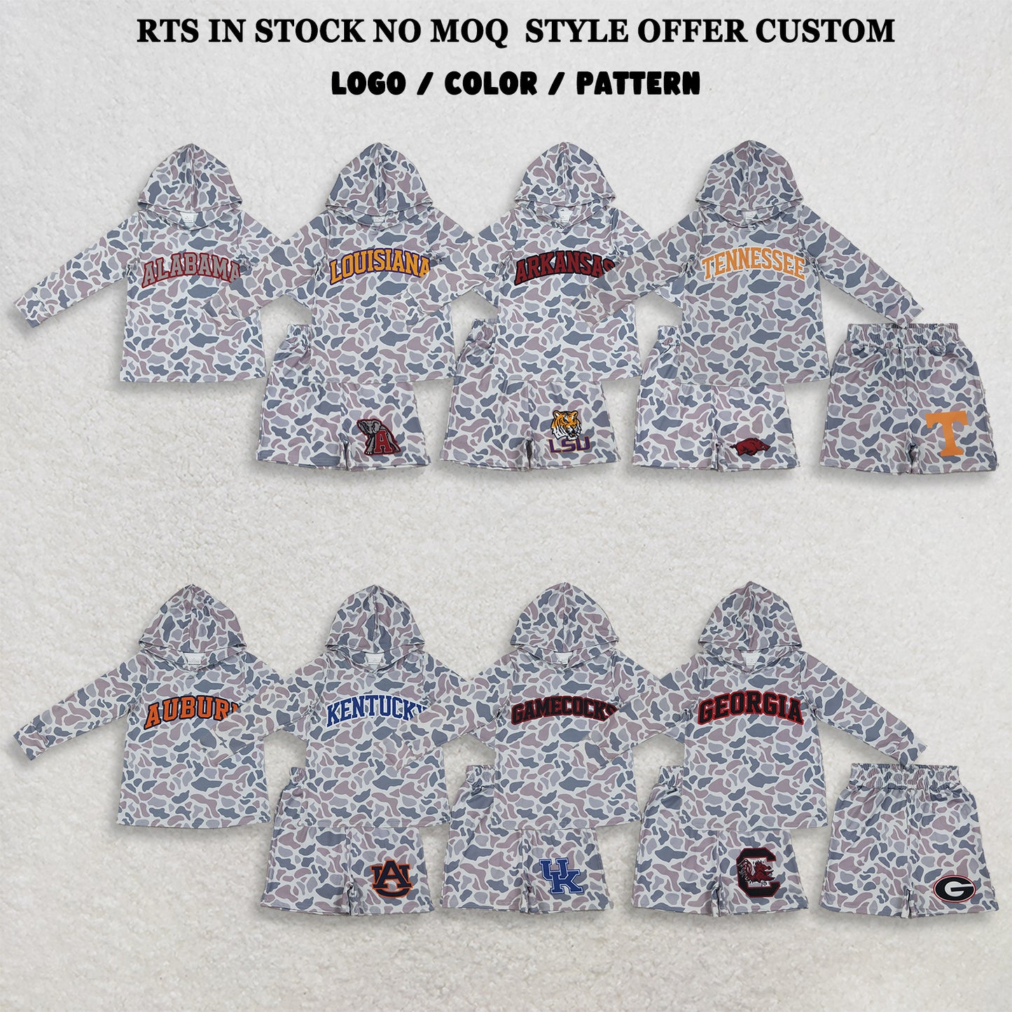 RTS NO MOQ Sibling milk silk Baby Boys Light Grey Camo Long Sleeve Hoodie Pockets Short Team Clothes Set