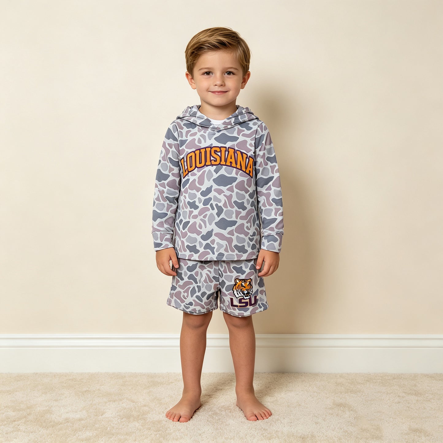 NEW RTS NO MOQ milk silk BLS0045 Baby Boys Light Grey Camo Louisiana Long Sleeve Hoodie Short Team Clothes Set