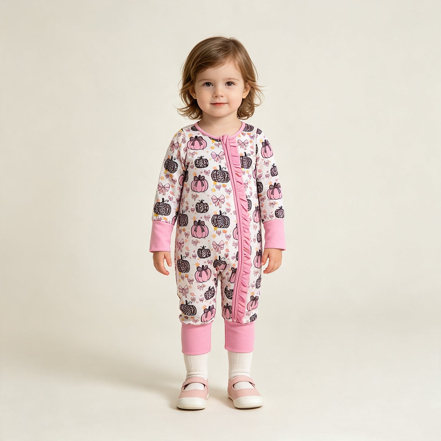 NEW RTS NO MOQ milk silk LR3061 Baby Girls Pink Bows Leopard Pumpkins Fall Two Way Ruffle Zip Convertible Rompers