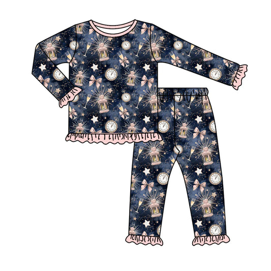 7.19Preorder (moq 5)Baby Girls Long Ruffle Sleeves Hot Blue Key Stars Top Pants Pajamas Set