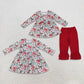 RTS NO MOQ Sibling milk silk Baby Girls Christmas Red Bow Holly Print Long Sleeve Top Solid Ruffle Pant Set Twirl Dress