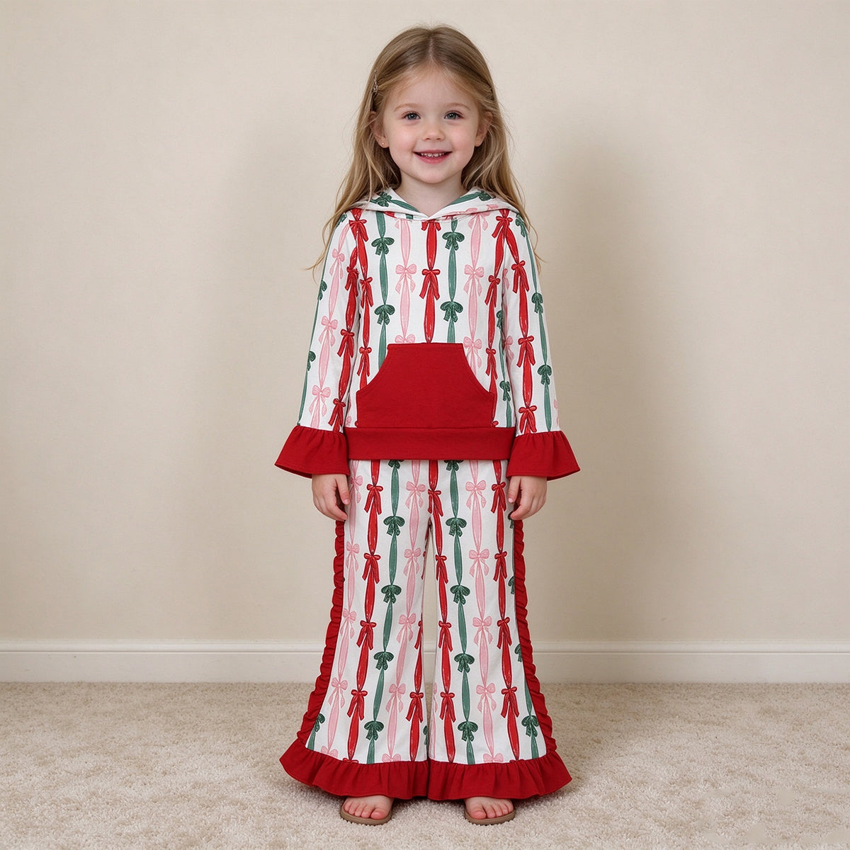 NEW RTS NO MOQ milk silk GLP3497 Baby Girls Green Red Bows Stripe Pocket Hoodie Ruffle Flare Pant Christmas Clothes Sets
