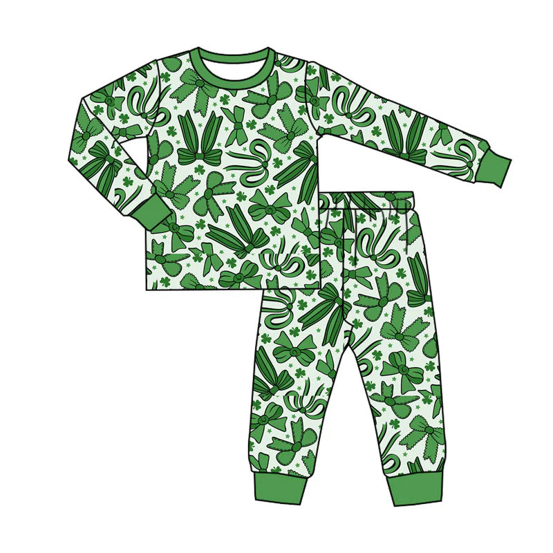 X925Preorder (moq 5)Baby Boys Bows Clovers Top Pants St Patrick Pajamas Sets