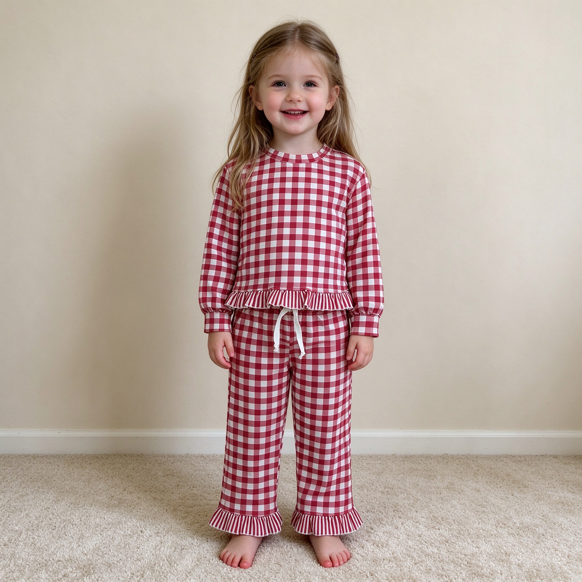 NEW RTS NO MOQ milk silk GLP3675 Baby Girls Long Sleeve Maroon Checked Top Pockets Ruffle Pant Clothes Set
