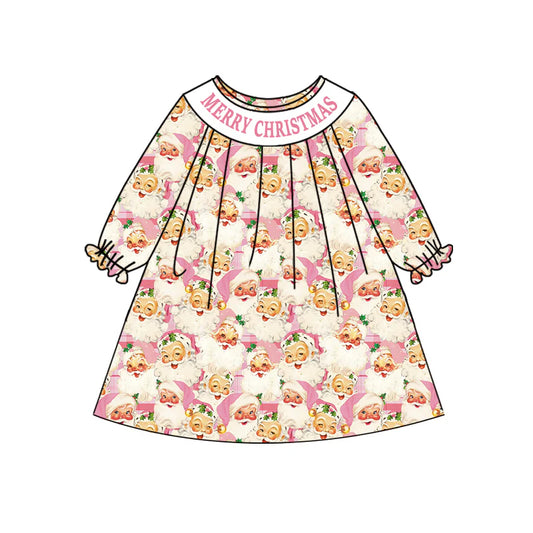 7.10Preorder (moq 5)Baby Girls Long Ruffle Sleeves Pink Merry Christmas Santa Knee Length Dress