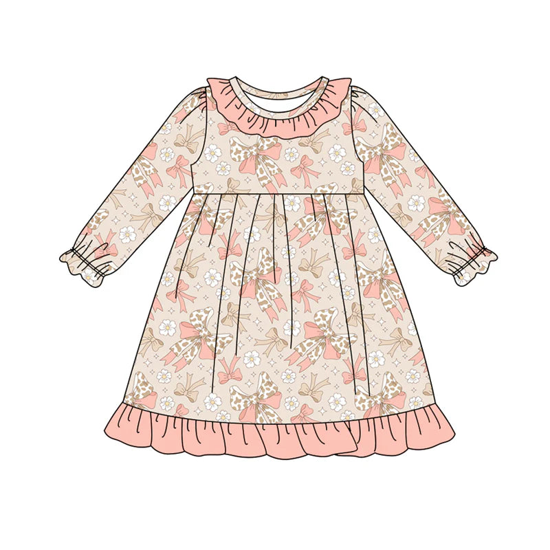 8.9Preorder (moq 5)Baby Girls Peach Camo Bows Flowers Ruffle Knee Length Dresses