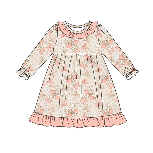 8.9Preorder (moq 5)Baby Girls Peach Camo Bows Flowers Ruffle Knee Length Dresses