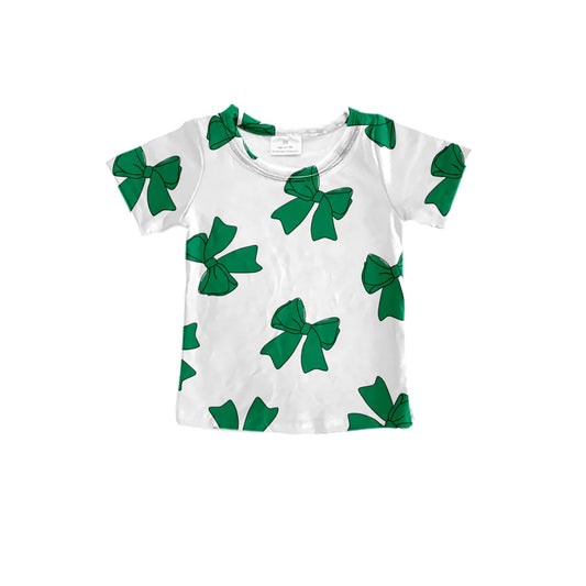 7.30Preorder (moq 5)Baby Girls Green Bows Short Sleeve Tee Shirts Tops