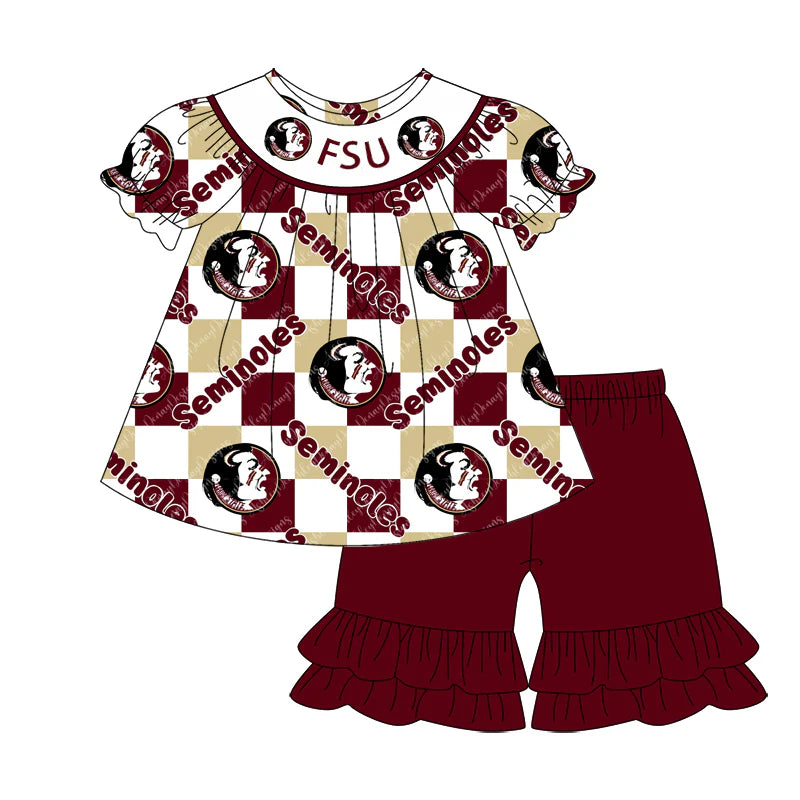 7.21Preorder (moq 5)Baby Girls Seminoles FSU Top ruffle shorts Team Sets