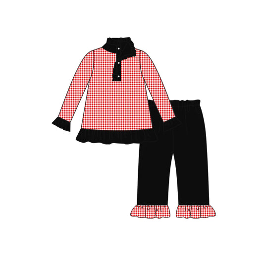 8.8preorder(moq 5) Baby Girls Fall Football Team Red Checkered Pullover Top Black Pants Clothing Sets