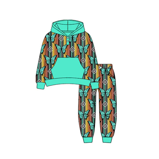 7.19Preorder (moq 5)Baby Boys Long Sleeves Green Stripes Aztec Butterfly Button Pockets Hoodies Pant Set