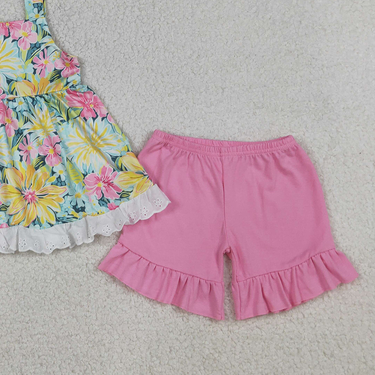 4.3 GSSO3034 Baby Girls Strap Colorful Flowers Tunic Ruffle Shorts Clothes Sets