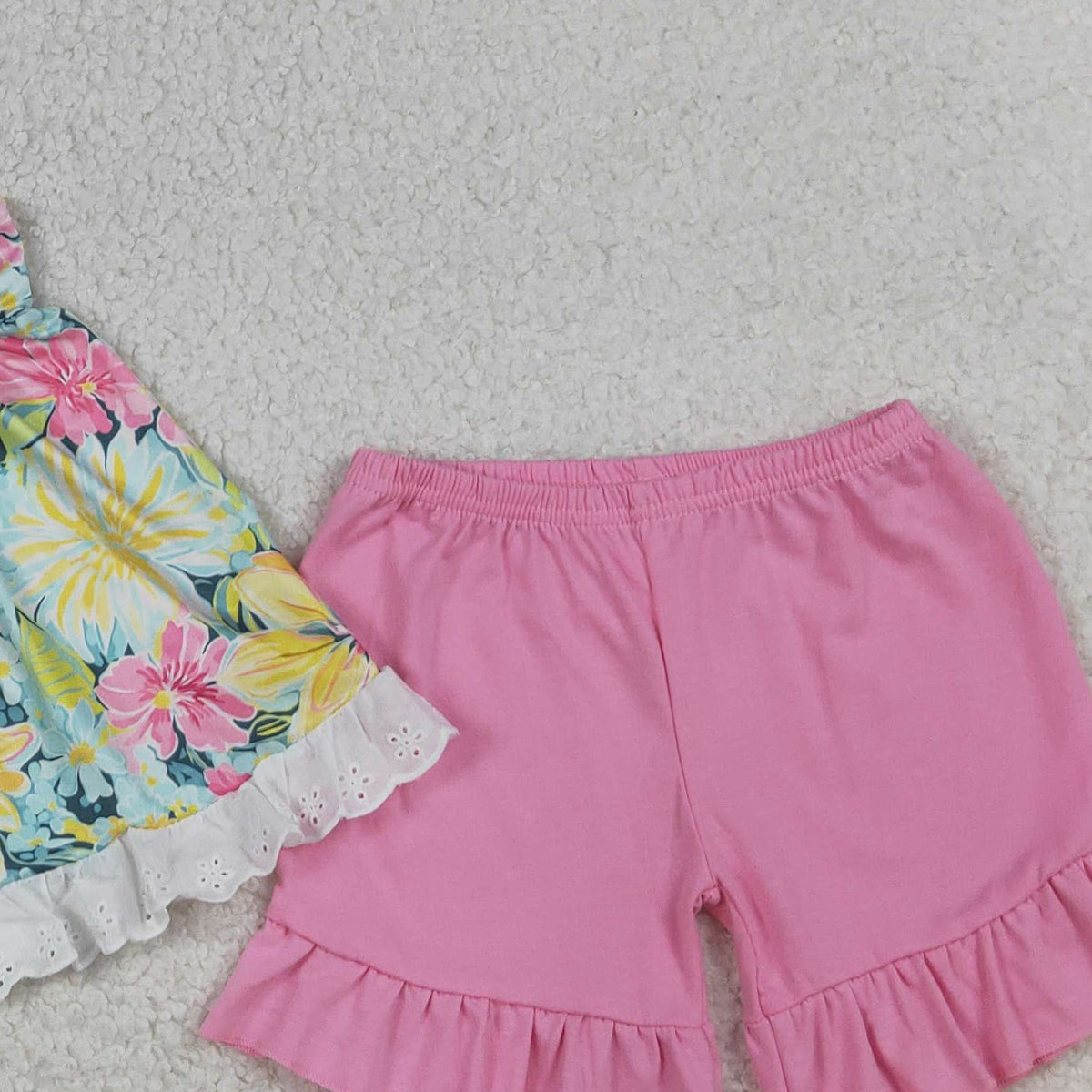 4.3 GSSO3034 Baby Girls Strap Colorful Flowers Tunic Ruffle Shorts Clothes Sets