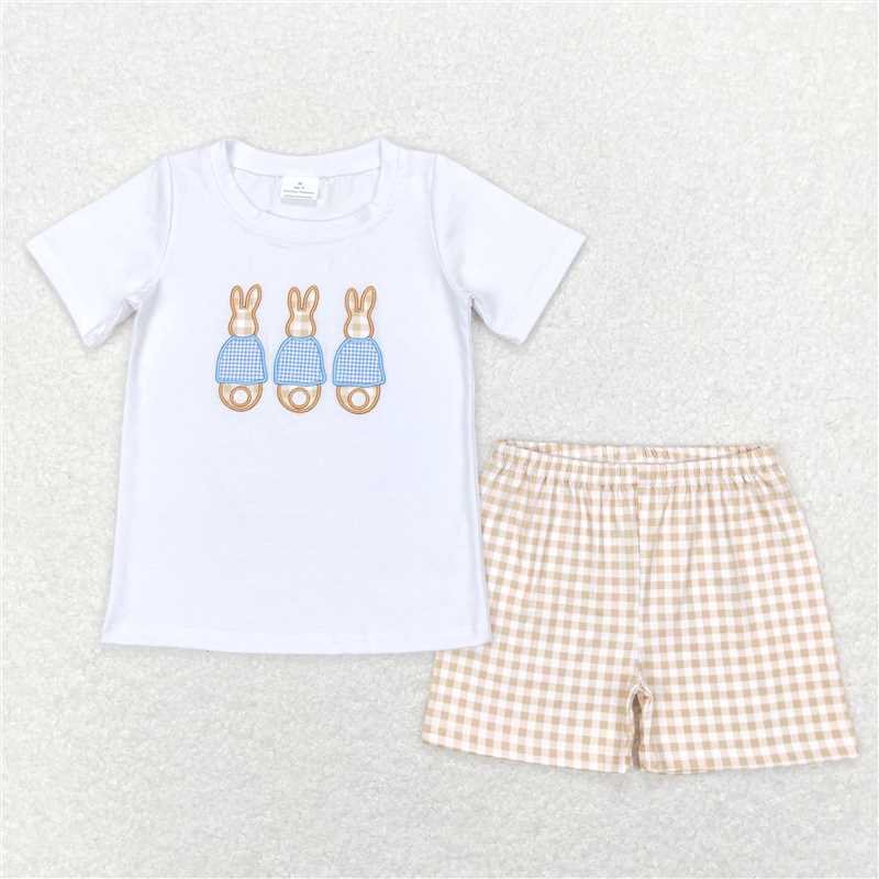 BSSO0383 Embroidered Three Rabbits Short Sleeve Plaid Shorts Set