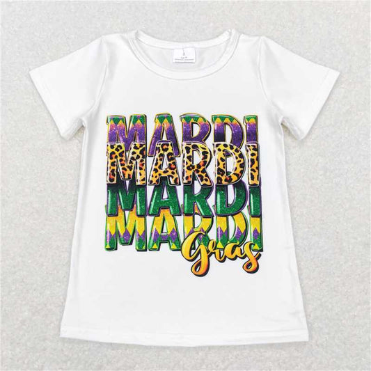 GT0442 mardi gras letter white short sleeve top