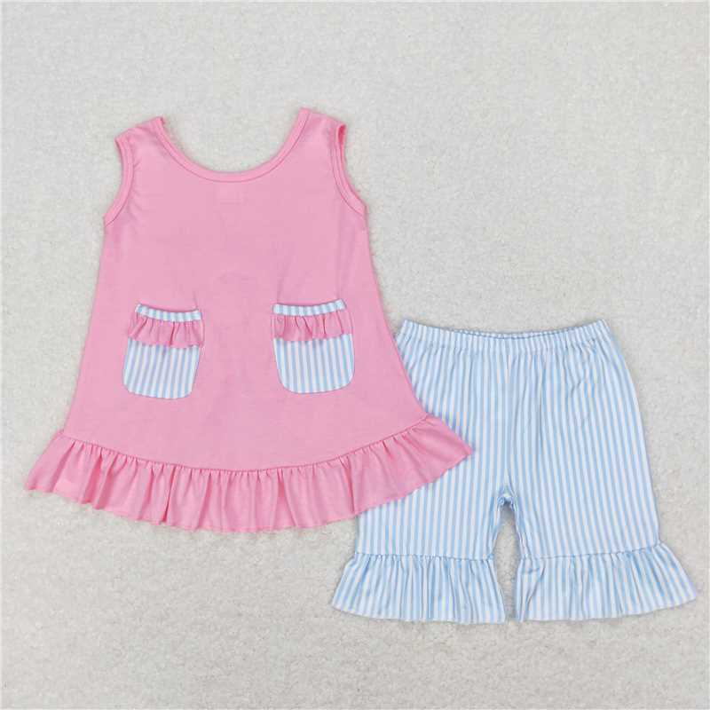 GSSO0438 Blue and white striped lace pocket bow sleeveless top shorts set