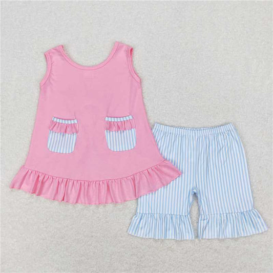 GSSO0438 Blue and white striped lace pocket bow sleeveless top shorts set