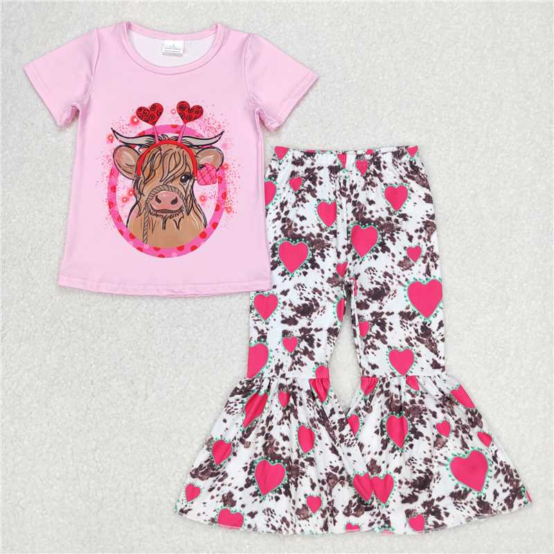 GSPO0416 Girls Alpine Cow Love Pink Short Sleeve Pants Suit