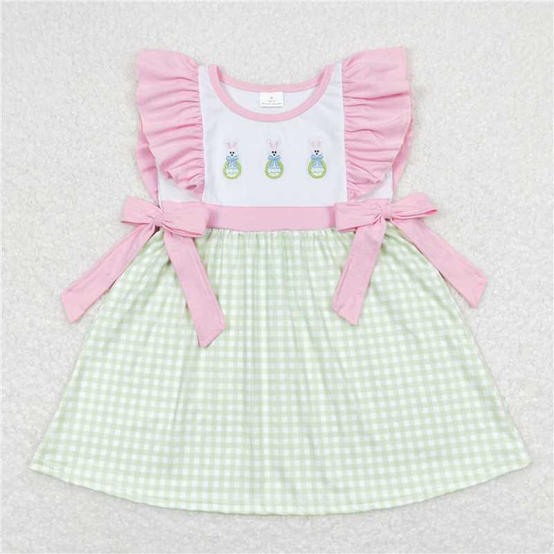 GSD0601 Embroidered bow Easter egg rabbit green and white plaid pink dress