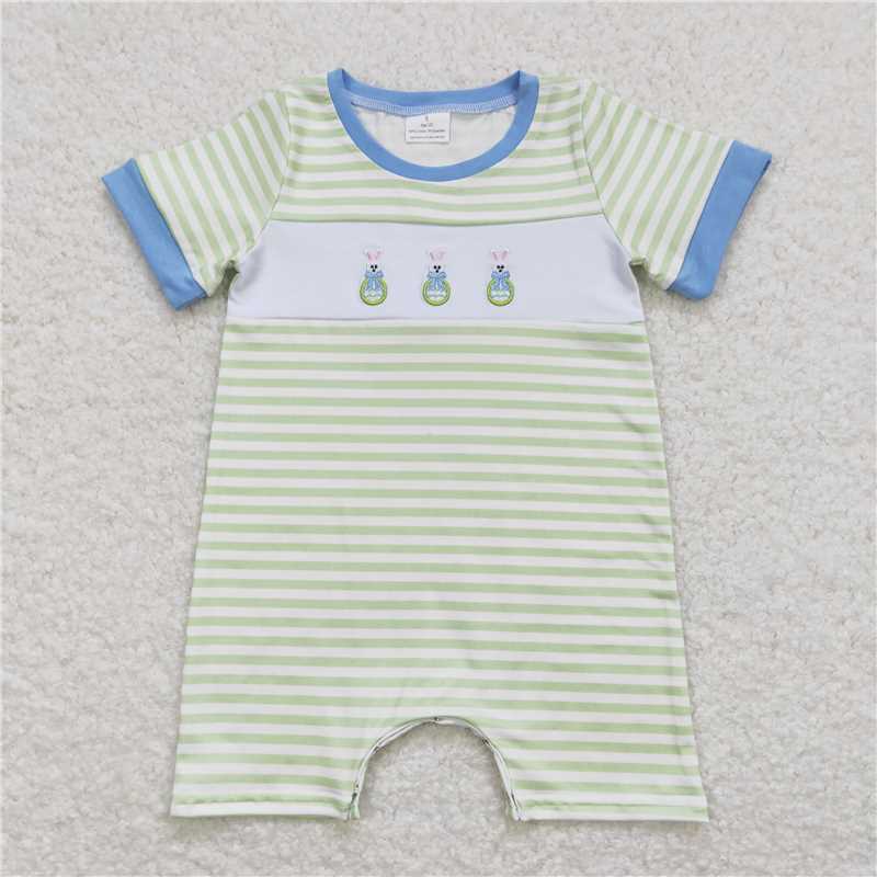 SR0704 Embroidered Bow Easter Egg Rabbit Green and White Stripes Blue Trim Clothes