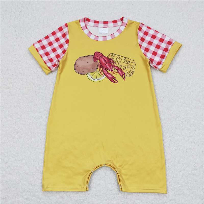 SR0770 Potato, crayfish, corn, red, white, plaid and yellow short-sleeved jumpsuit