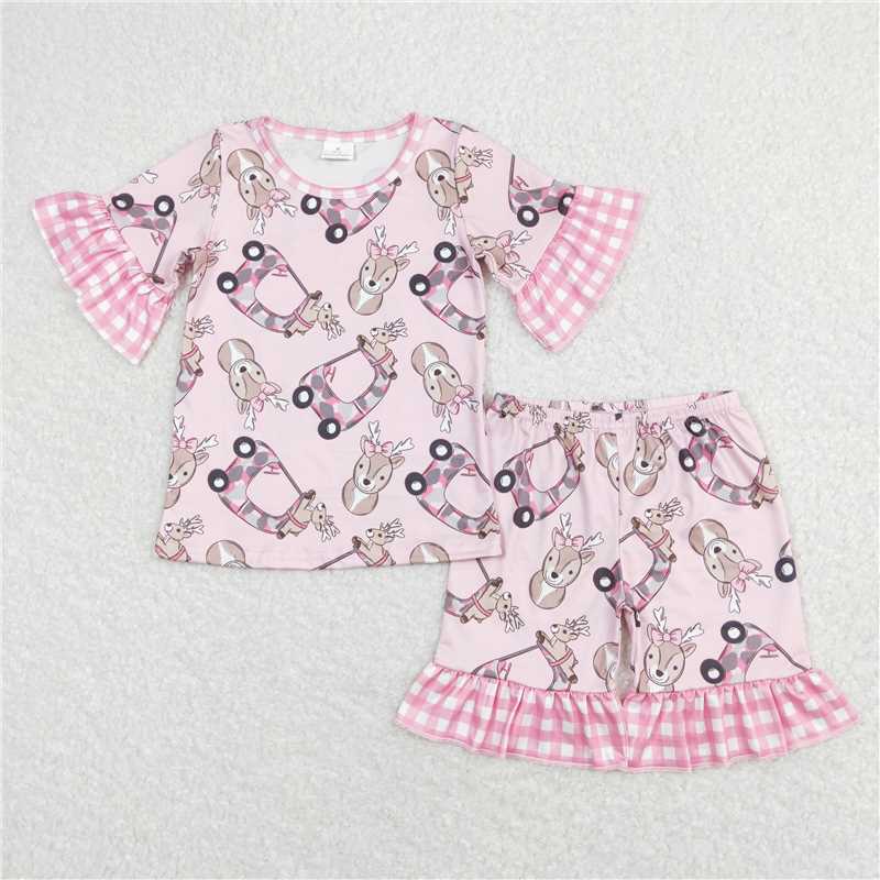 GSSO0401 Fawn camouflage car pink and white plaid lace pink short-sleeved shorts