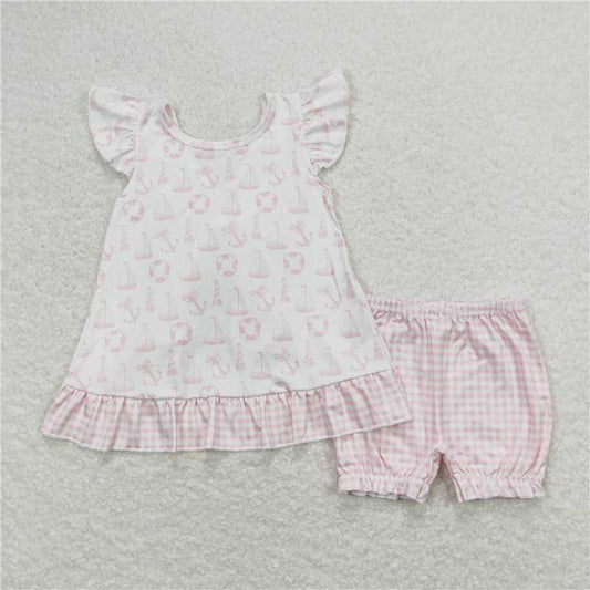 GSSO0748 Swim ring sailboat pink and white plaid bow flying sleeve shorts suit