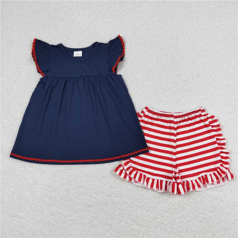 GGSSO0796 Navy blue flying sleeves red and white striped shorts suit