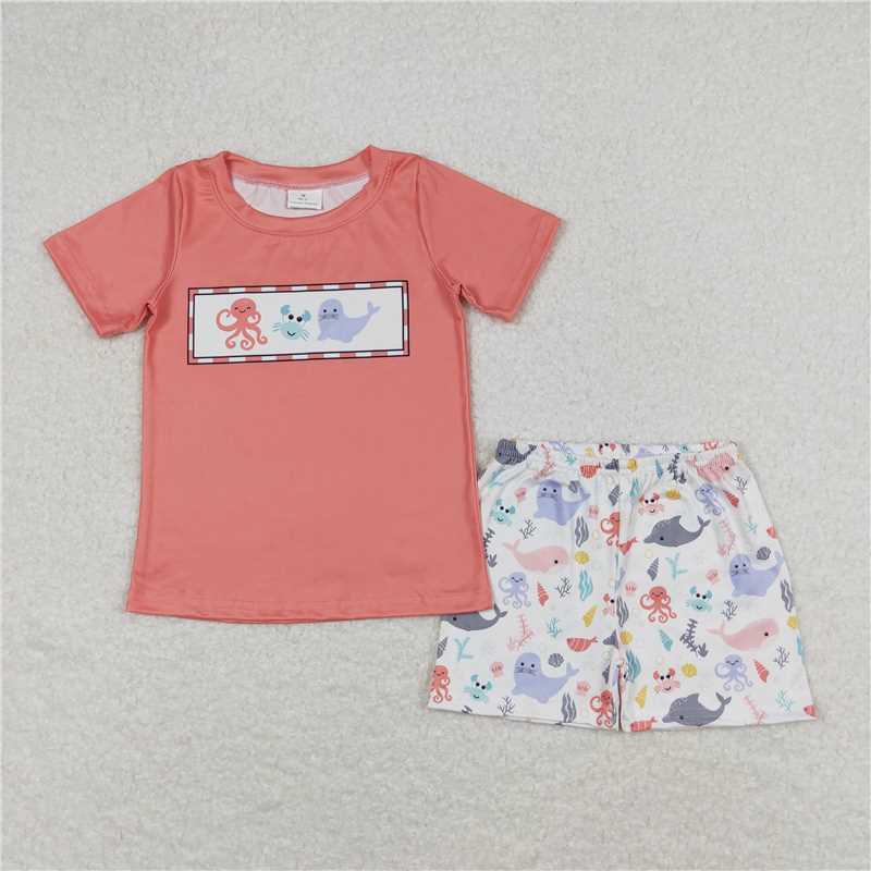 BSSO0671 Octopus Crab Seal Brick Red Short Sleeve White Shorts Suit