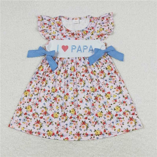 GSD0968 I love papa embroidered letter flower blue bow flying sleeve dress