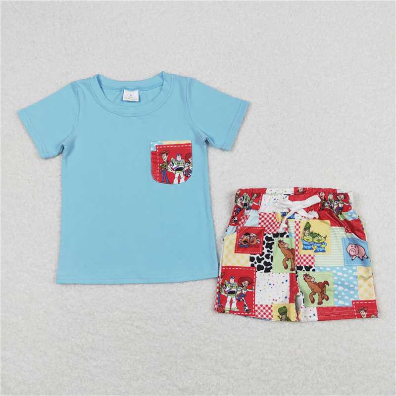 BSSO0535 Toy Story Plaid Pocket Blue Short Sleeve Shorts Set