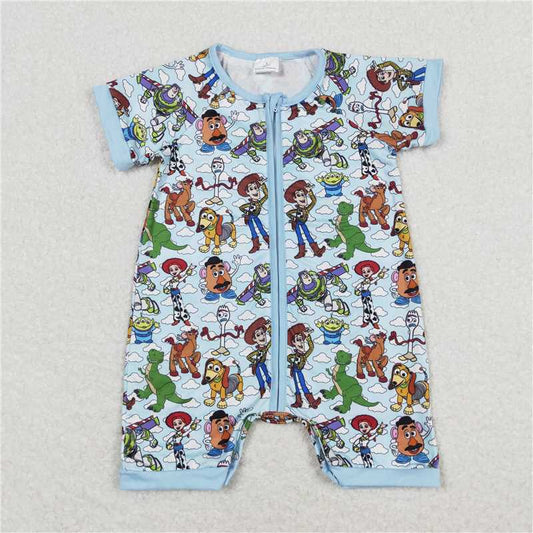 SR1274 Toy Story Cartoon White Cloud Blue Zipper Short Sleeve Jumpsuit