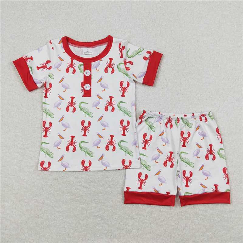 BSSO0643 Crocodile Crayfish Red and White Short Sleeve Shorts Pajama Set