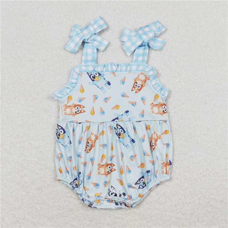 SR1113 bluey ice cream blue plaid lace bow camisole jumpsuit