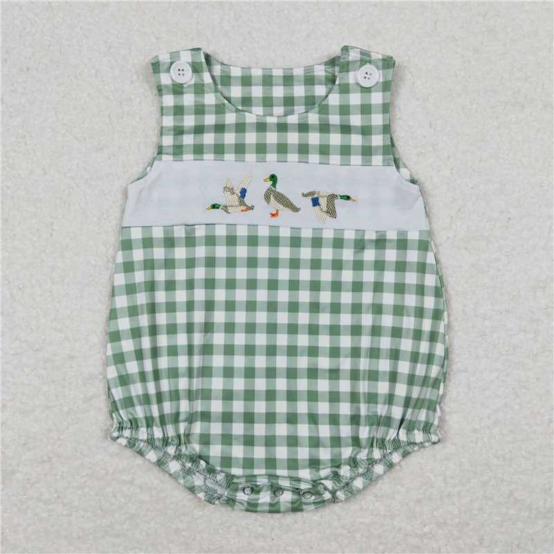 SR1066 Embroidered duck light green and white plaid vest jumpsuit