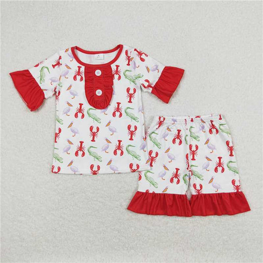 GSSO0689 Crocodile Crayfish Red and White Lace Short Sleeve Shorts Pajama Set