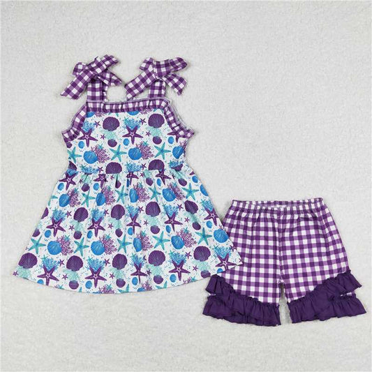 GSSO0727 Starfish aquatic purple and white plaid lace suspender shorts suit