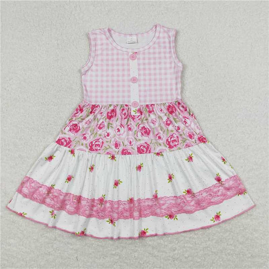 GSD0860 Floral pink and white plaid button sleeveless dress