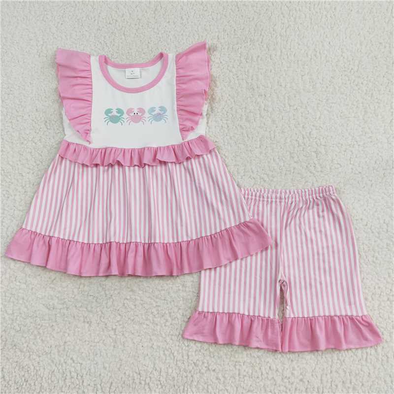 GSSO1258 Crab pink lace striped flying sleeve shorts set