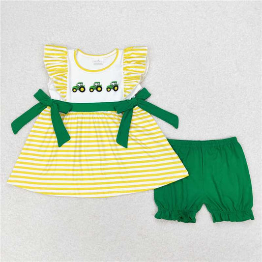 GSSO1223 Farm tractor yellow stripe green bow flying sleeve shorts set