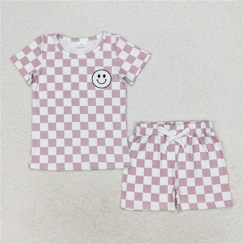 BSSO0975 Smiley face champagne plaid short-sleeved shorts suit