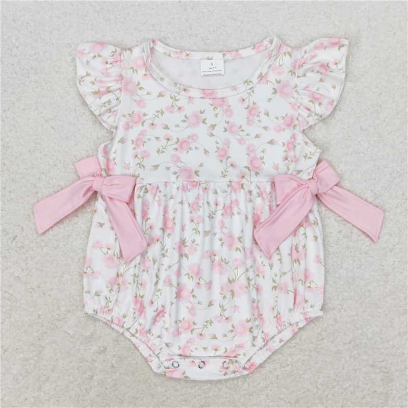 SR1765 Pink and white vest bodysuit with floral pattern and bow