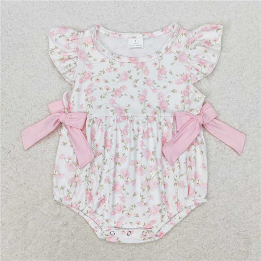 SR1765 Pink and white vest bodysuit with floral pattern and bow