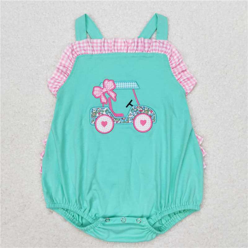 SR1223 Embroidered flower bow sightseeing car pink and white plaid lace blue and green vest jumpsuit