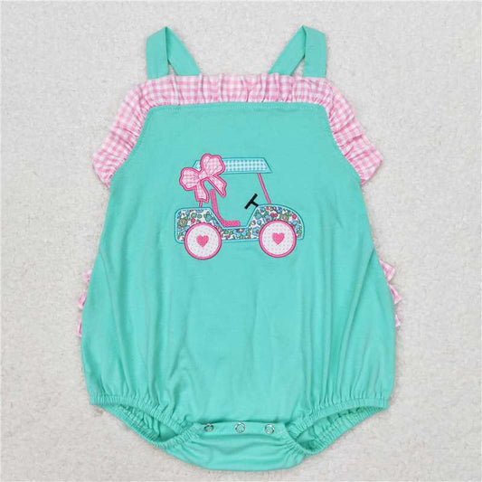 SR1223 Embroidered flower bow sightseeing car pink and white plaid lace blue and green vest jumpsuit