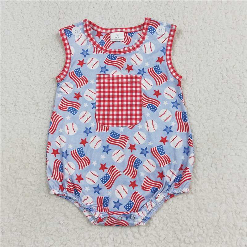 SR1563 National flag stars baseball red and white plaid pocket vest jumpsuit